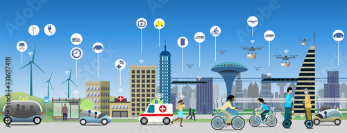 Internet of things, enabled by 5G technology, use case in public transport environment.  Sustainable electrictity used by driverless vehicles and buses. Drones for fast deliveries. 