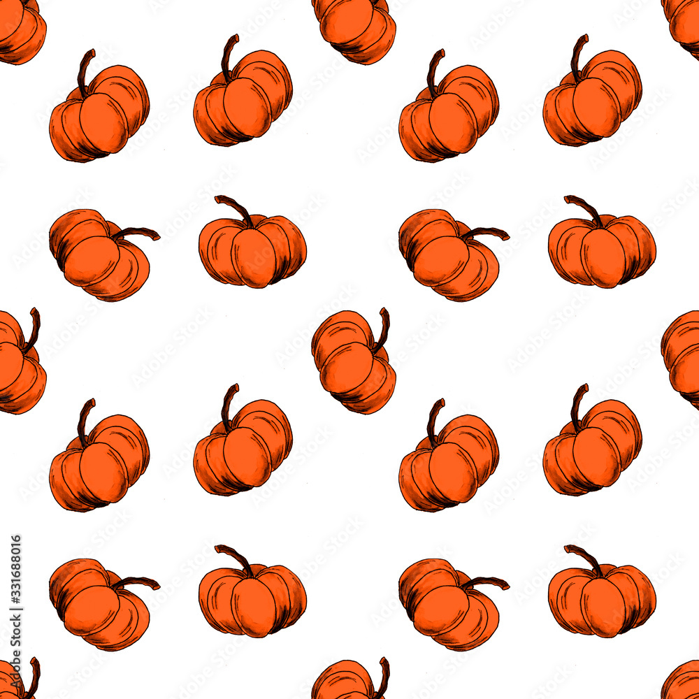 Stylized patern with orange pumpkins on a white background. Vegetarian organic healthy food.