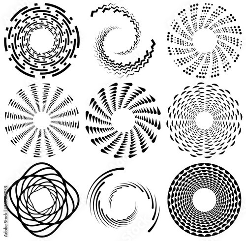 Set of black and white vortex, volute shapes. Twisted helix elements