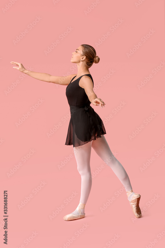 Beautiful young ballerina on color background Beautiful young ballerina on color background