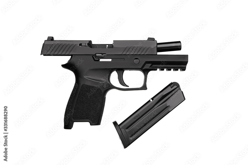 Modern black gun isolate on a white back. Weapons for the police and the army.