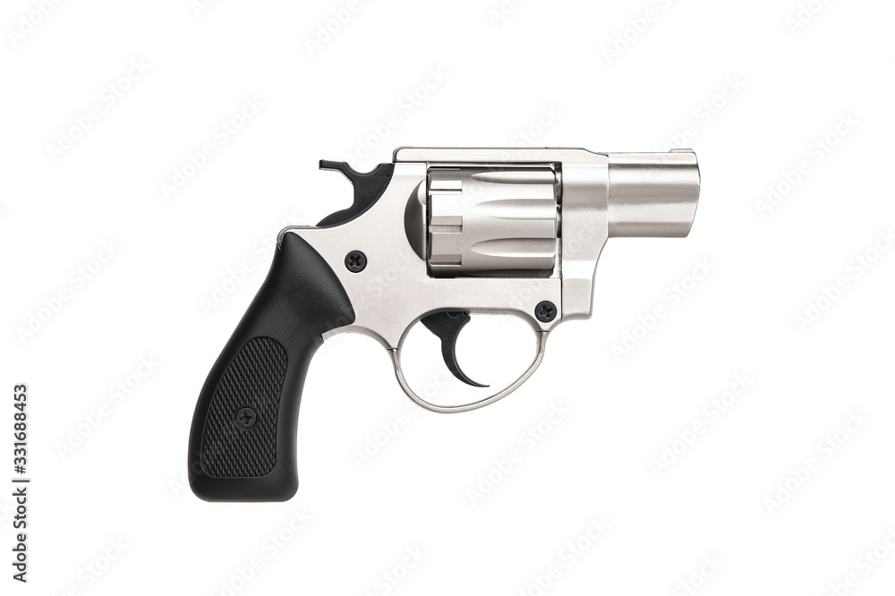 silver gun revolver isolate on white background. Weapons for sports and self-defense.