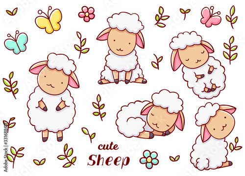 Set cute kawaii hand drawn sheep doodles, isolated on white background, clipart