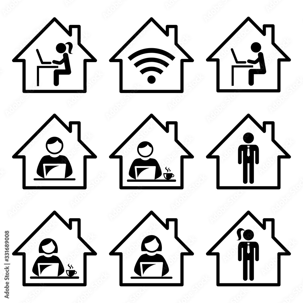 People working from home vector icon set, freelance man and woman working on their laptop, computer, home office design