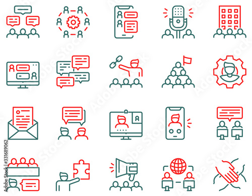 Set of teamwork related vector linear Icons. Communication concept.