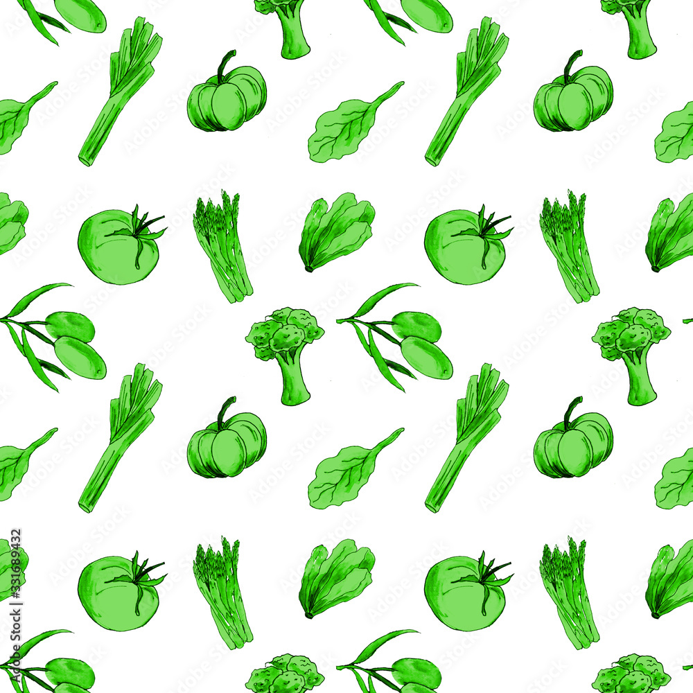 Pattern of fresh vegetables. A stylized drawing on a white background. Fresh vegetables - asparagus, lettuce, tomato, broccoli, olives, lettuce. Pattern of fresh vegetables. A stylized drawing on a white background. Fresh vegetables - asparagus, lettuce, tomato, broccoli, olives, lettuce.