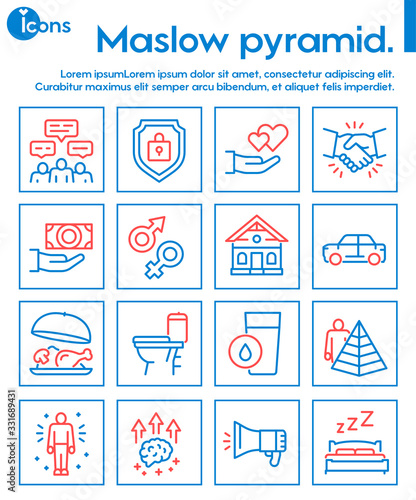 Hierarchy of human needs linear color icon set. Maslow Pyramid concept.