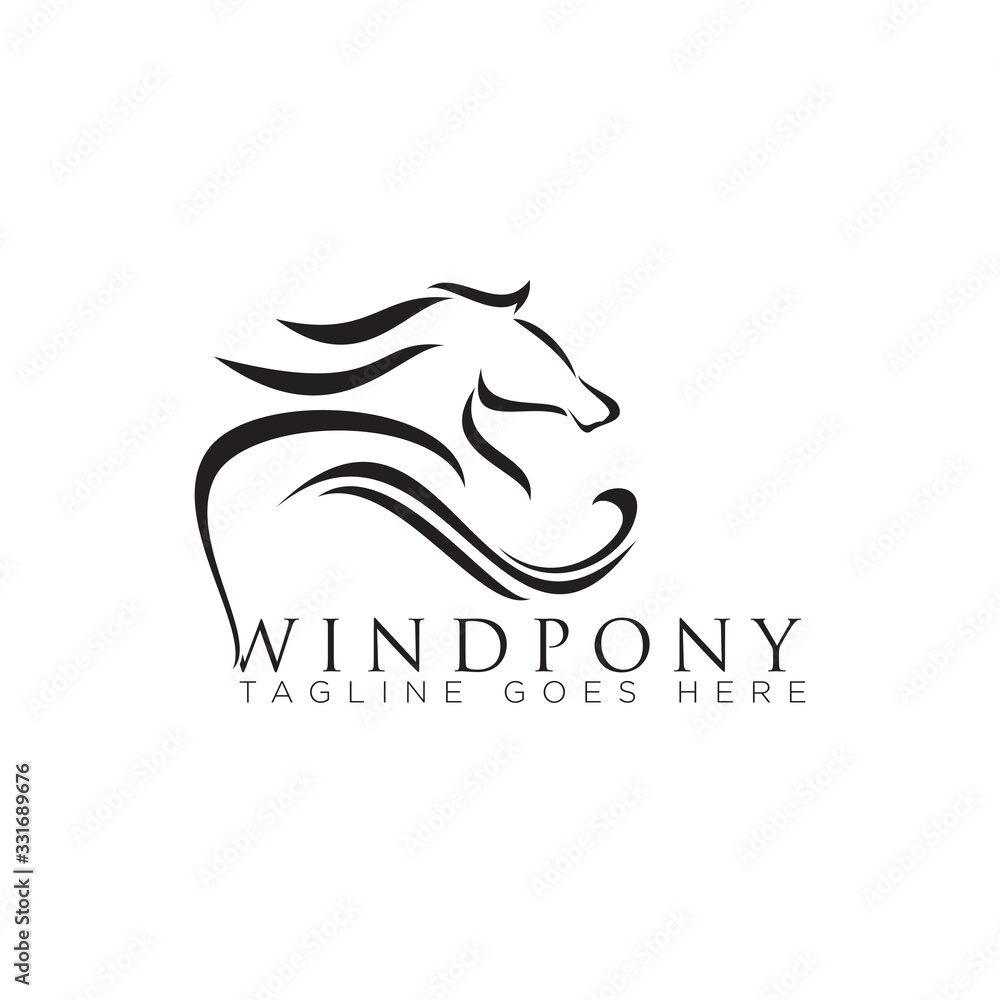 windpony logo, with curl hair horse pony vector