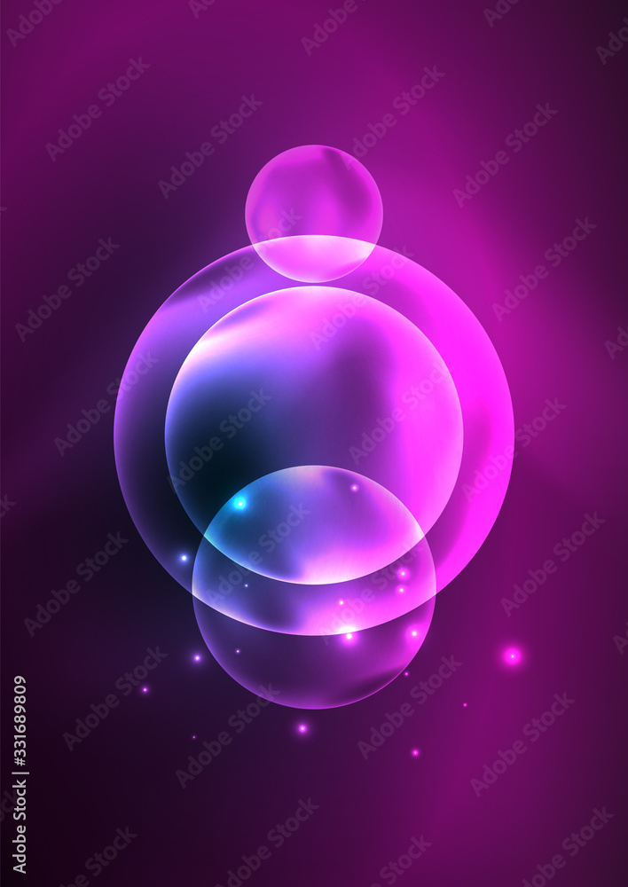Obraz premium Glowing neon shiny transparent bubbles, glass circles or bio cell concept. Techno futuristic vector abstract background For Wallpaper, Banner, Background, Card, Book Illustration, landing page