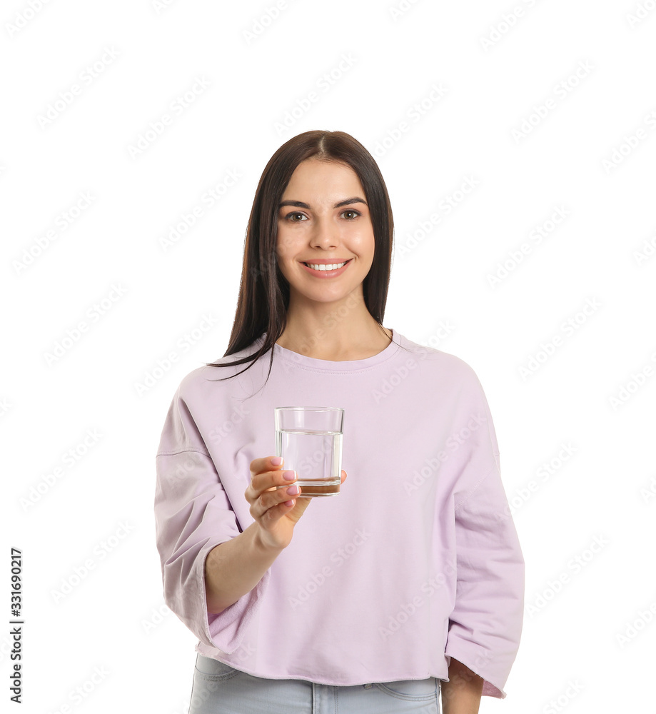Beautiful young woman with glass of water on white background Beautiful young woman with glass of water on white background