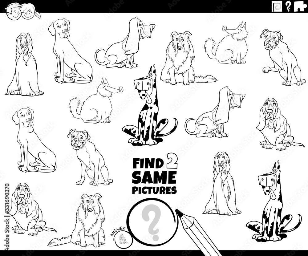 find two same dogs characters game color book