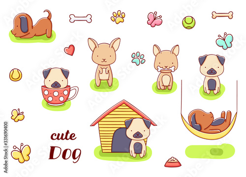Set cute kawaii hand drawn dog doodles, isolated on white background, clipart