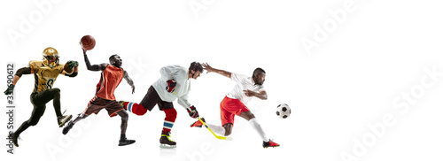 High flight. Young sportsmen running and jumping on white studio background. Concept of sport, movement, energy, healthy lifestyle. Training, practicing in motion. Flyer. Basketball, soccer, hockey.