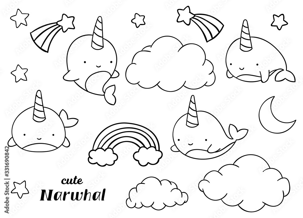 Coloring pages, black and white, set cute kawaii hand drawn narwhal doodles - obrazy, fototapety, plakaty 