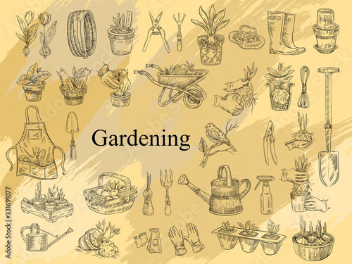 Vector farming set with gardening tools, seedlings, plants in pots, boots, apron and hat. Illustration in engraving vintage style for prints, logos, labels, flyers, shops, markets.
