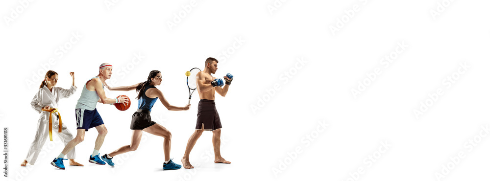 Fototapeta premium Young sportsmen running and jumping on white studio background. Concept of sport, movement, energy and dynamic, healthy lifestyle. Training, practicing in motion. Flyer. MMA, tennis, basketball.