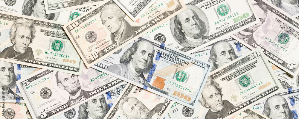 Top view of various dollar cash background. Different banknotes concept. Wealth and rich concept Top view of various dollar cash background. Different banknotes concept. Wealth and rich concept