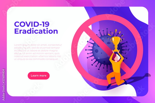 covid 19 eradiction. coronavirus themed poster on survival theme, defeating covid19 banner