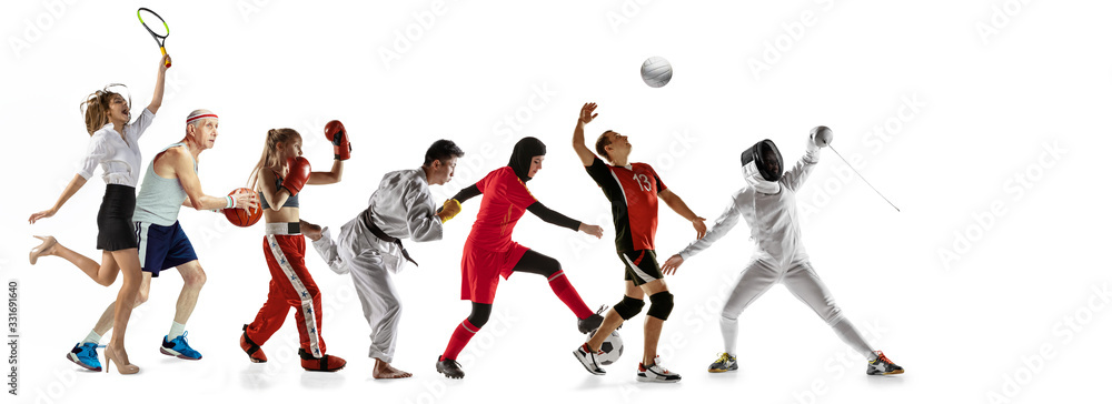 Young sportsmen running and jumping on white studio background. Concept of sport, movement, energy and dynamic, healthy lifestyle. Training, practicing in motion. Flyer. Volleyball, boxing, fencing.