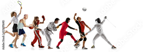 Young sportsmen running and jumping on white studio background. Concept of sport  movement  energy and dynamic  healthy lifestyle. Training  practicing in motion. Flyer. Volleyball  boxing  fencing.