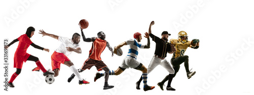 Fototapeta Naklejka Na Ścianę i Meble -  Young sportsmen running and jumping on white studio background. Concept of sport, movement, energy and dynamic, healthy lifestyle. Training, practicing in motion. Flyer. Football, basketball, rugby.