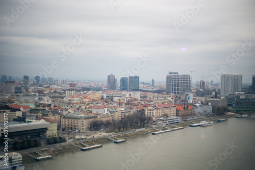Photography View of the Danube River and Bratislava from the panoramic cafe in Bridge of the