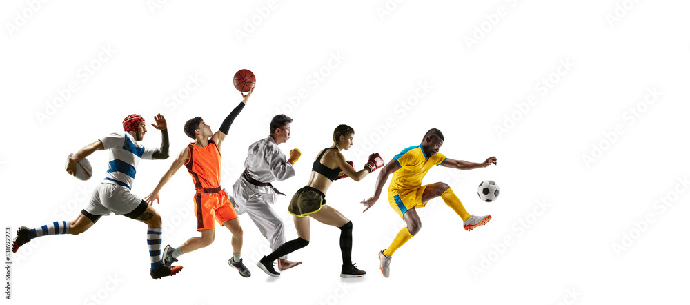 Young sportsmen running and jumping on white studio background. Concept of sport, movement, energy and dynamic, healthy lifestyle. Training, practicing in motion. Flyer. Basketball, football, rugby.