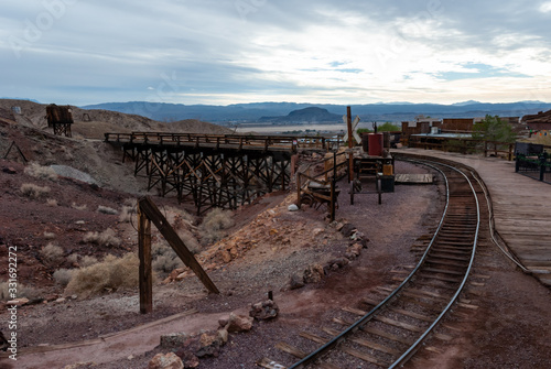 Calico railroad does a tour through old mines of Calico Ghost Town on Calico Mountains of Mojave Desert near Barstow, San Bernardino County. photo