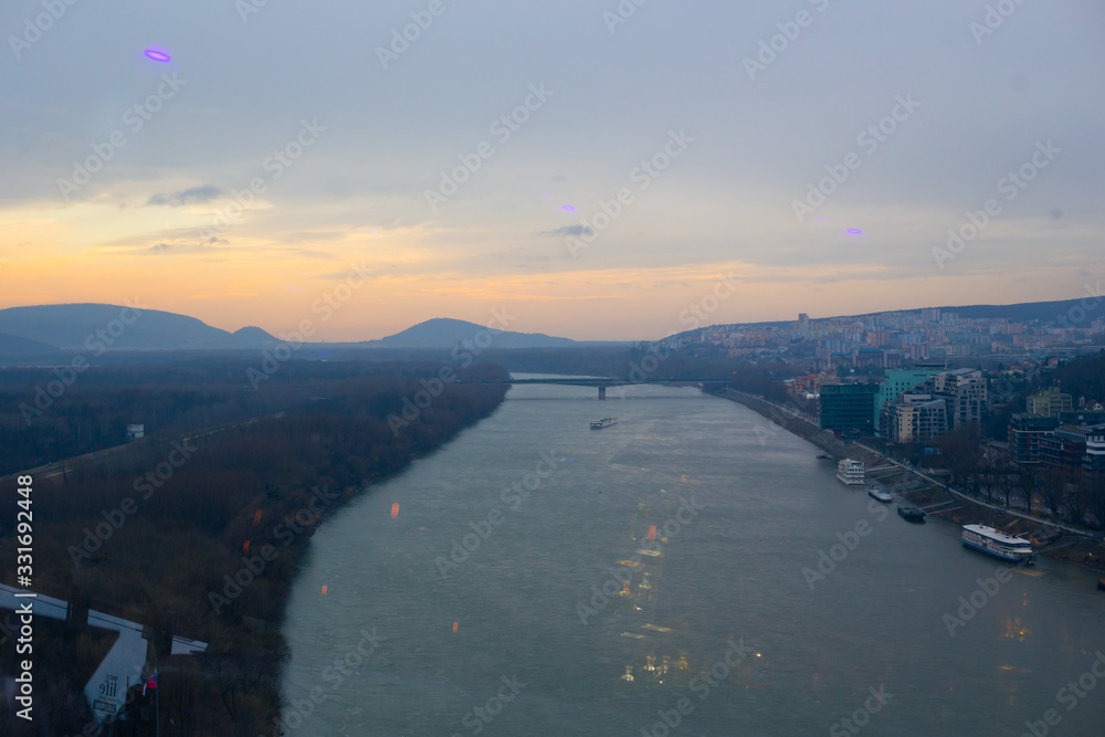 View of the Danube River and Bratislava from the panoramic cafe in Bridge of the Slovak National Uprising