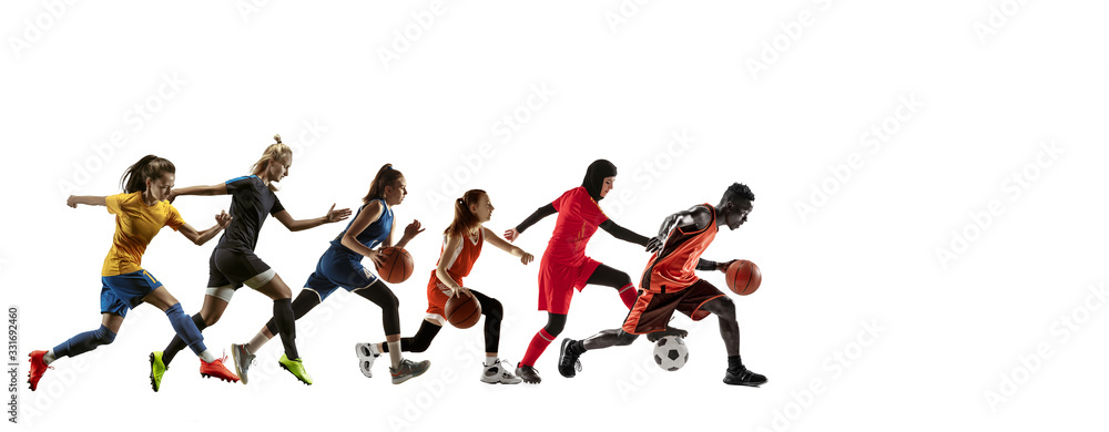 High. Young sportsmen running and jumping on white studio background. Concept of sport, movement, energy and dynamic, healthy lifestyle. Training, practicing in motion. Flyer. Football, basketball.