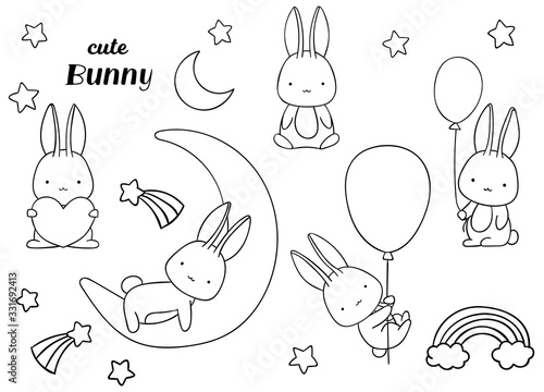 Coloring pages, black and white, set cute kawaii hand drawn bunny doodles