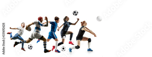 Young sportsmen running and jumping on white studio background. Concept of sport, movement, energy and dynamic, healthy lifestyle. Training, practicing in motion. Flyer. Volleyball, football, rugby.