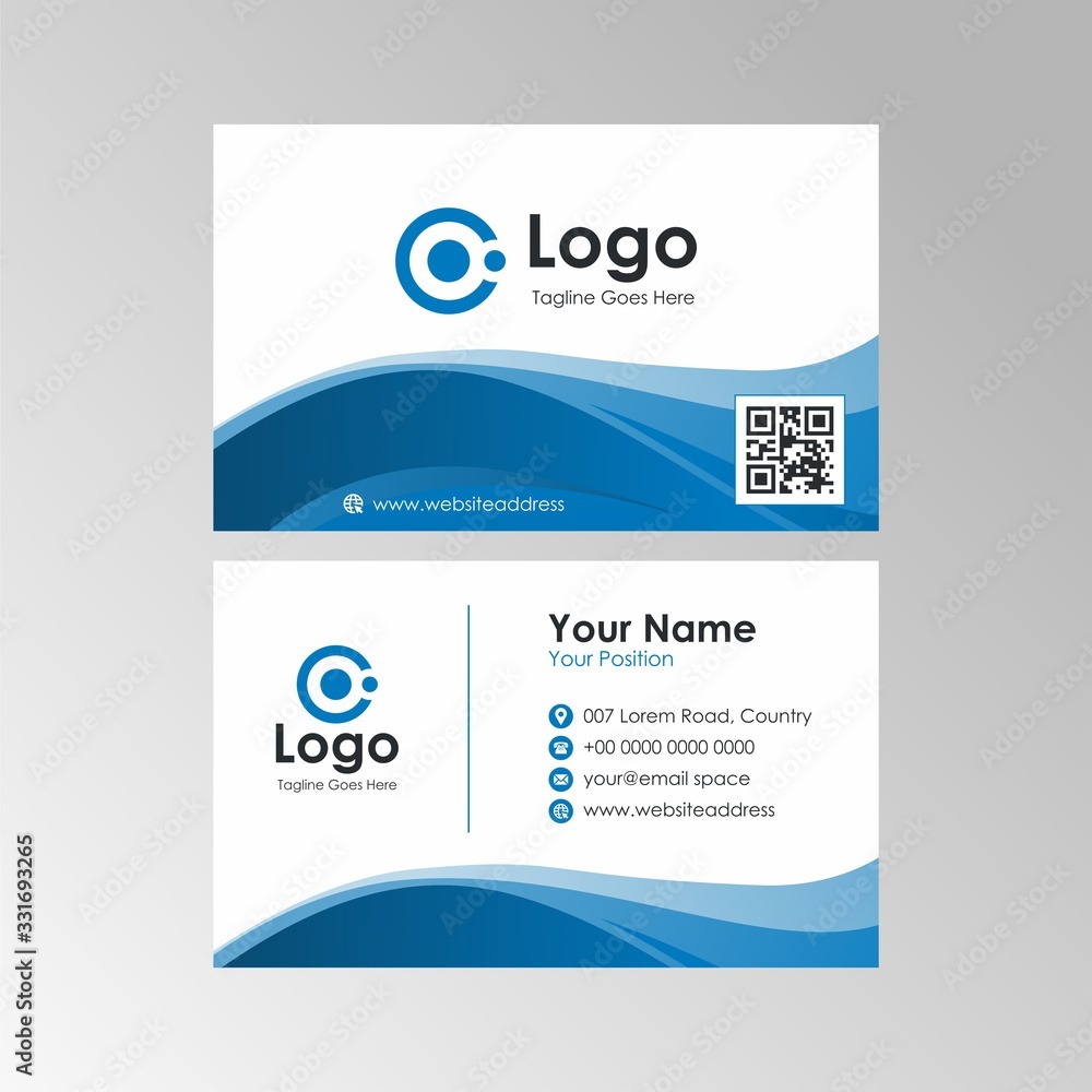 Simple clean wave business card with blue color design, professional name card template vector
