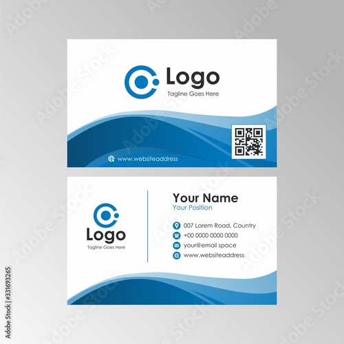 Simple clean wave business card with blue color design, professional name card template vector