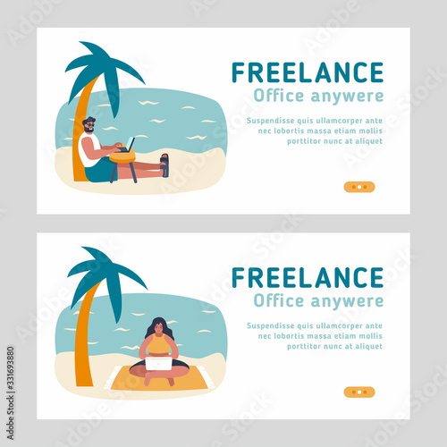 Set of 2 landing pages for freelance topic. Man and woman working with laptops from sand beach at vacation. Working from any place vector flat concept illustration.