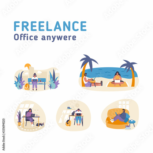 Remote job Flat vector illustration concept. People are working online with laptops from any place. Work online from vacation, office, home, sofa.