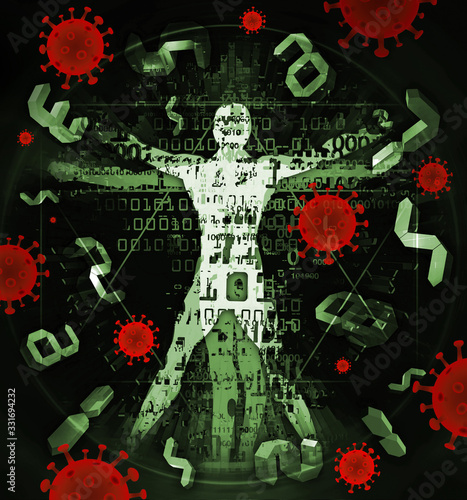  Vitruvian man of modern age  victim of  coronavirus pandemic.  Illustration of vitruvian man with a binary codes  digital numbers and coronavirus signs.