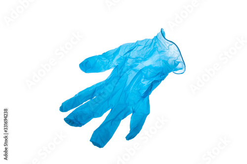 Single blue latex glove for general or medical use, isolated on white