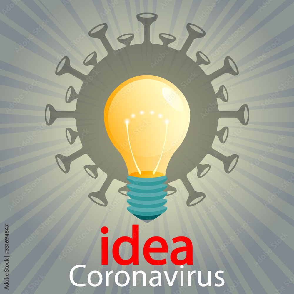 Silhouette of coronavirus, light bulb and rays of light. Composition of Asian flu Silhouette of coronavirus, light bulb and rays of light. Composition of Asian flu