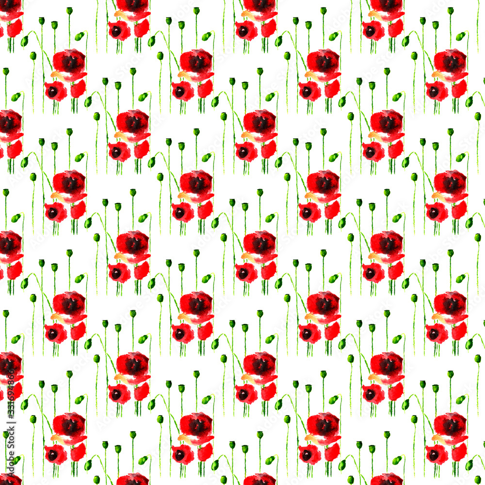 Fototapeta premium Abstract beautiful watercolor red poppies flowers background Pattern