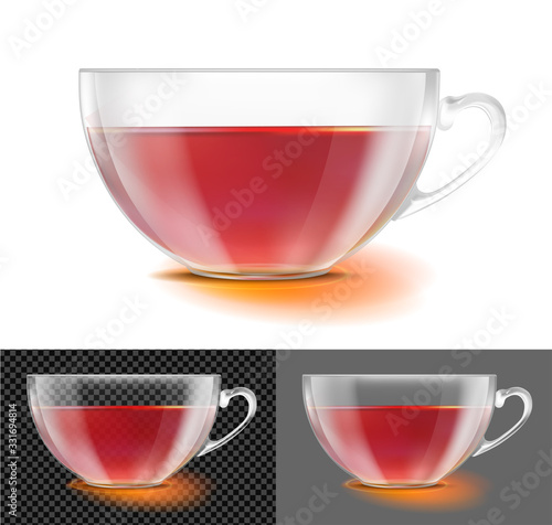 Transparent glass tea cup with black tea