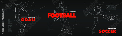 A set of fotball, soccer players drawing by lines with text. Creative sport concept. Art vector graphic for brochures, flyers, presentations, logo, print, web