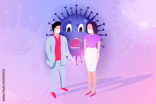 Coronavirus preventions illustration with two people protected himself from covid 19 by masks