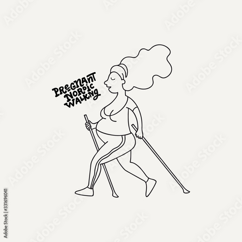 Vector linear contour flat logo of a pregnant woman. Happy, healthy, sporty girl is doing Nordic walking Identity concept for pregnancy clinics, courses, sport group, poster Hand drawn graphics design