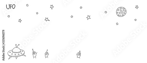 Cute outline funny aliens, flying saucer, spaceship. Background on the theme of UFO, space. Doodles vector illustration. Night sky, stars