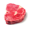 One fresh raw rib eye steak on white background, isolated,