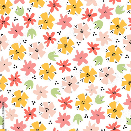 Seamless pattern background with hand drawn doodle hand drawn vector scandinavian styleabstract flowers.Tileable repeating background for branding,package, fabric and textile, wrapping paper