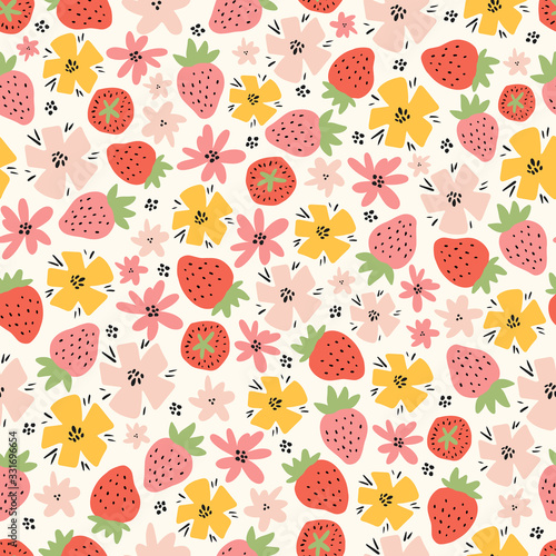 Seamless pattern with hand drawn doodle hand drawn vector scandinavian style strawberries and flowers.Tileable repeating background for branding,package, fabric and textile, wrapping paper