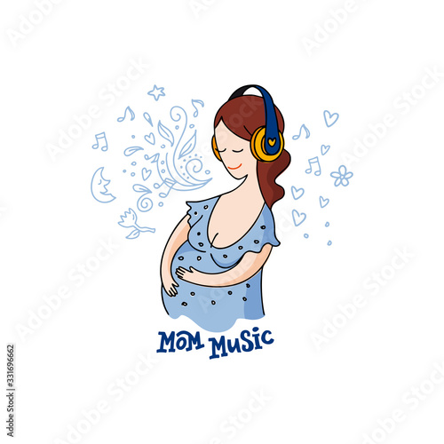Vector colorful linear flat illustration of pregnant woman Happy, calm girl is listening to classical music on headphones. Identity concept for pregnancy clinics, doodle elements. Lettering Mom music