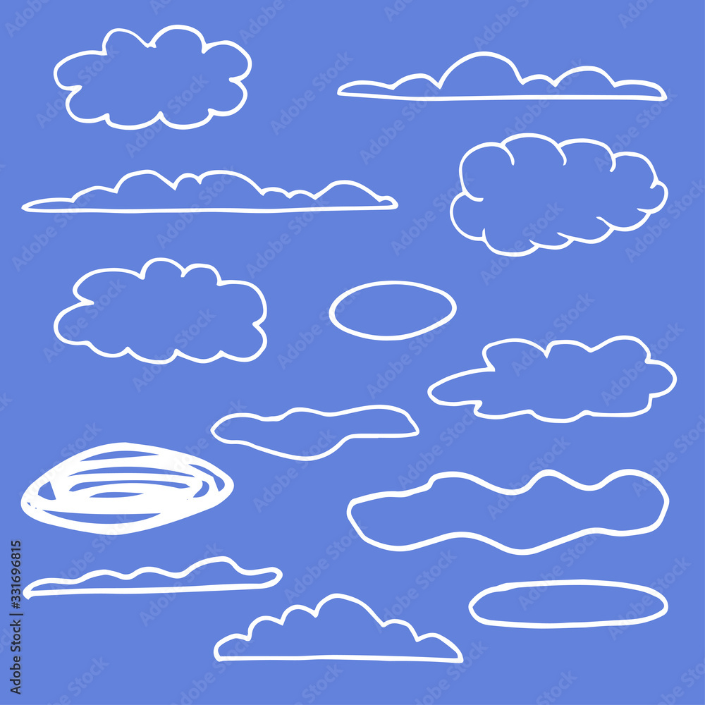 Set of clouds on a blue background. Outlines of clouds in cartoon style, hand-drawn. Vector sky set for design. Collection of meteorological icons.